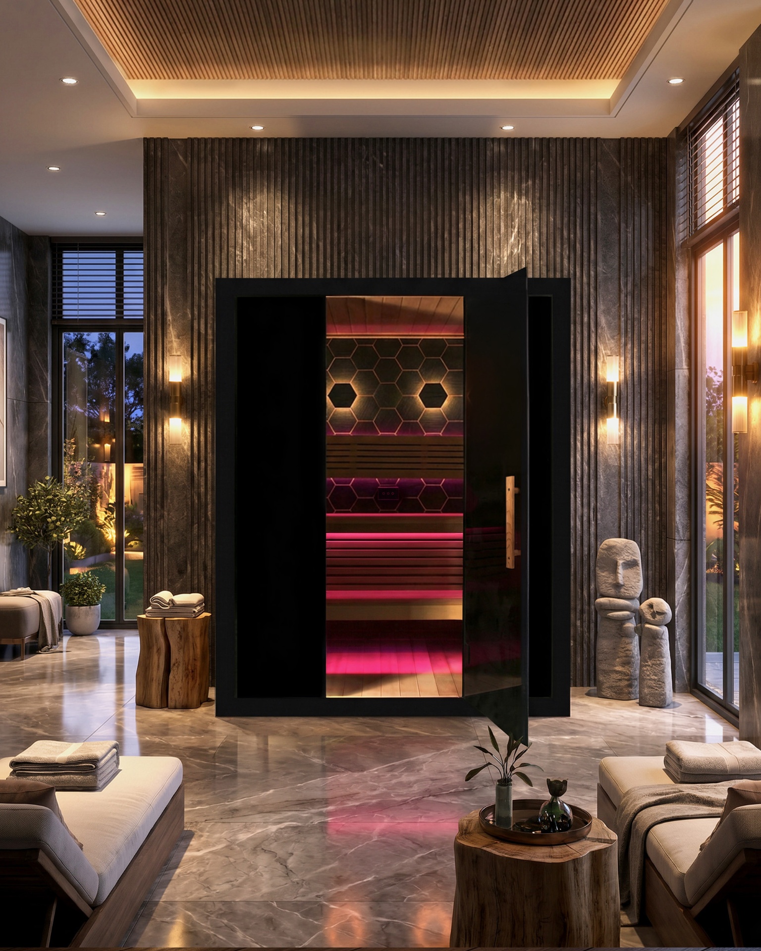 Nova sauna in a marble wellness lounge with magenta chromatherapy lighting