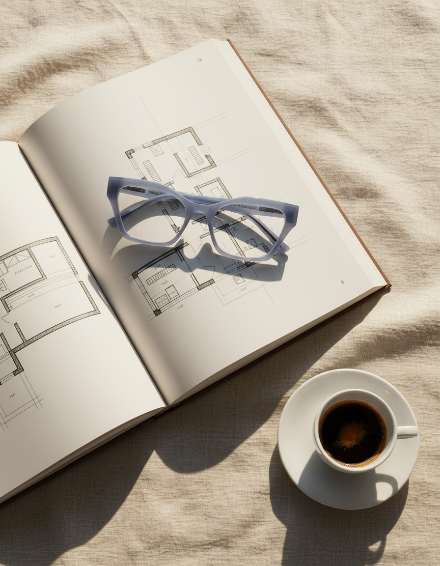 Lifestyle — pale blue frame on architectural book