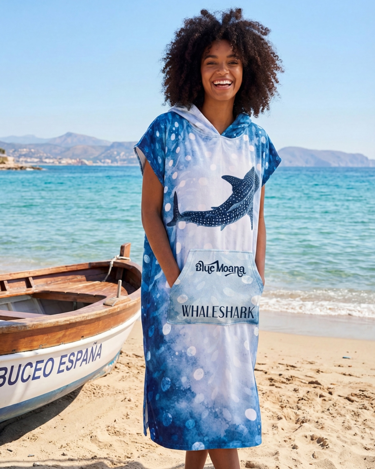 Whaleshark hooded poncho on the Mediterranean coast