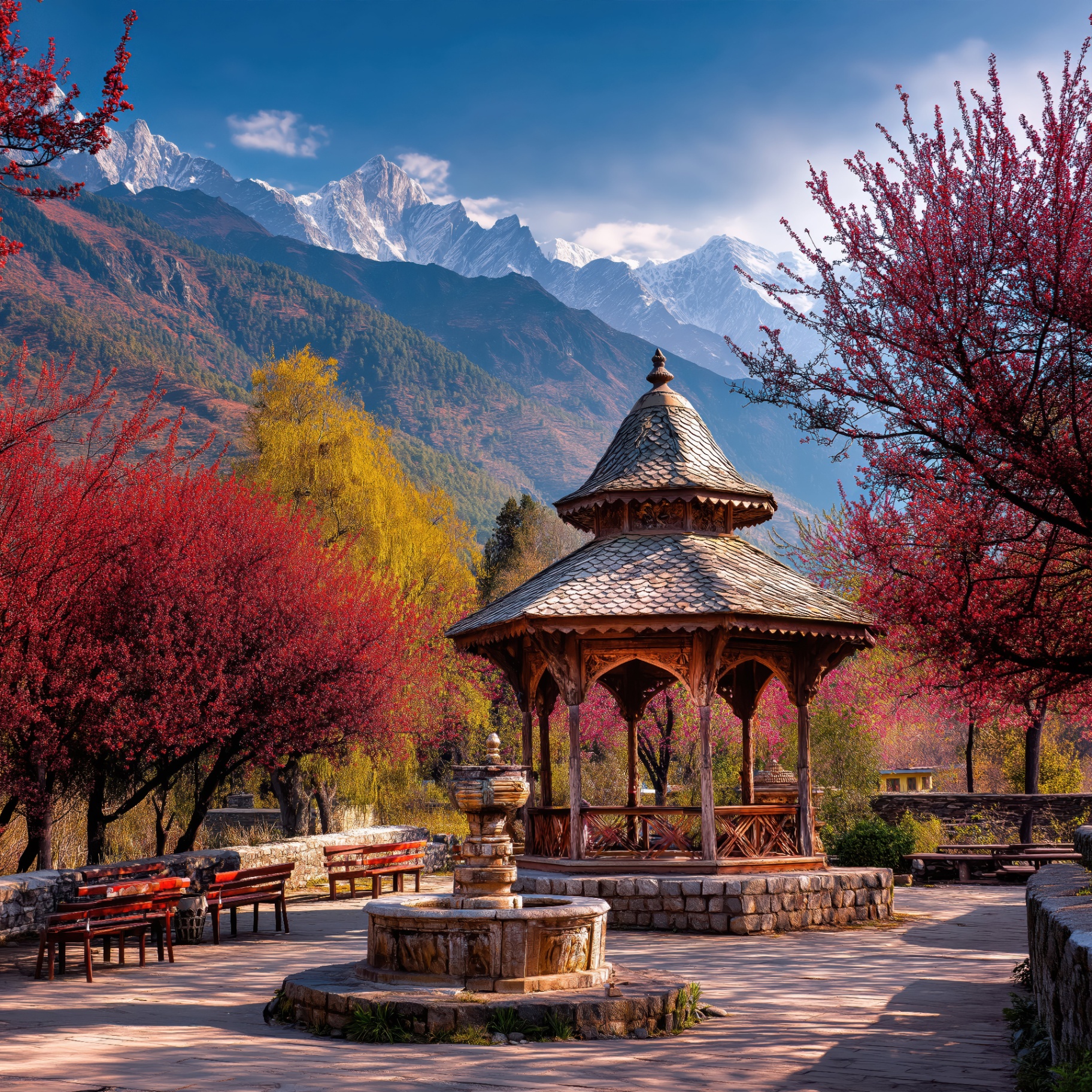 Carved wooden pavilion under Himalayan peaks framed by red blossom trees