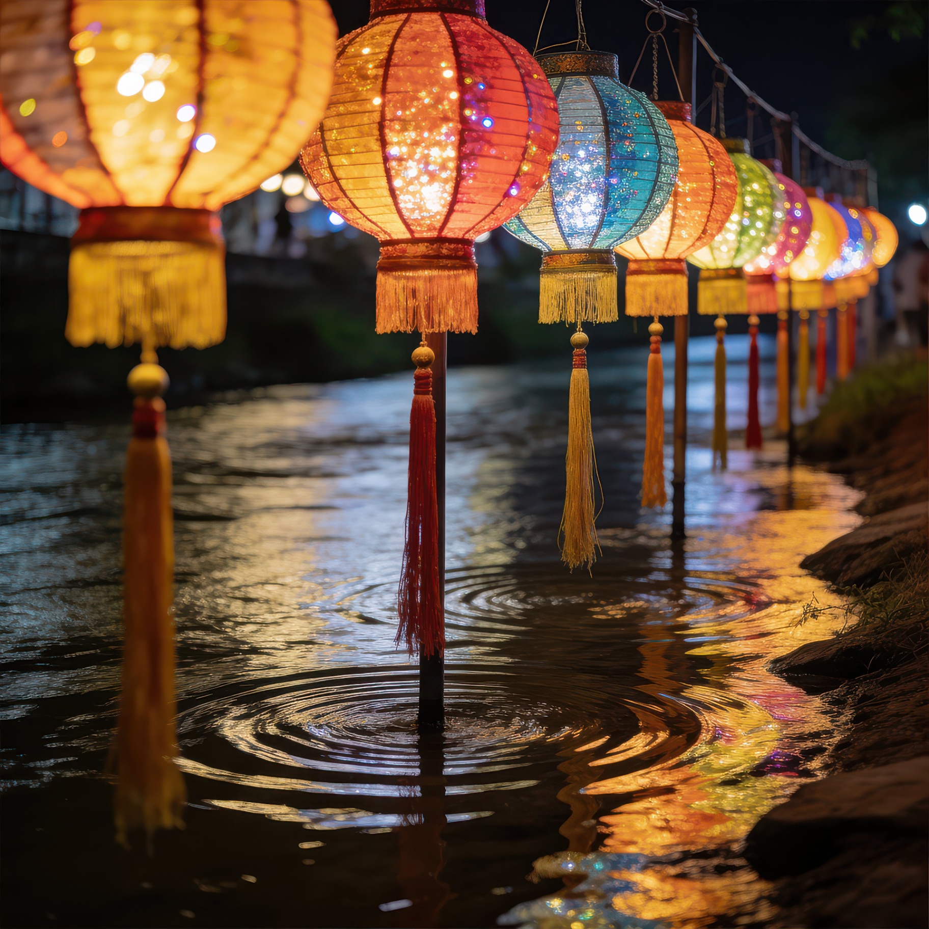 Row of glowing paper lanterns reflected in a dark canal at night