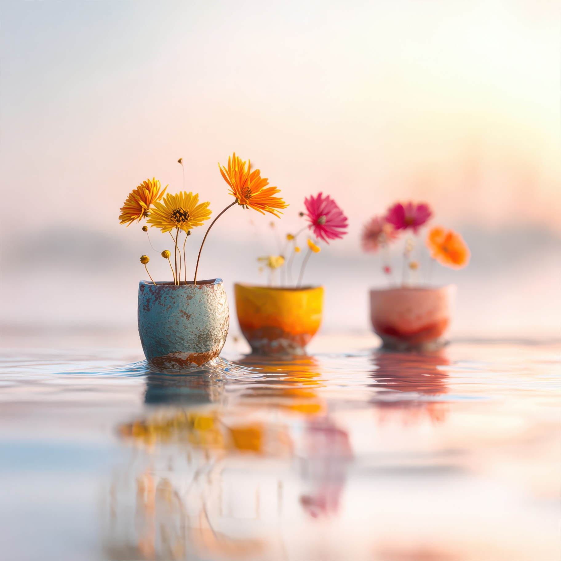Three rough ceramic vessels with wildflowers floating on calm water at sunset
