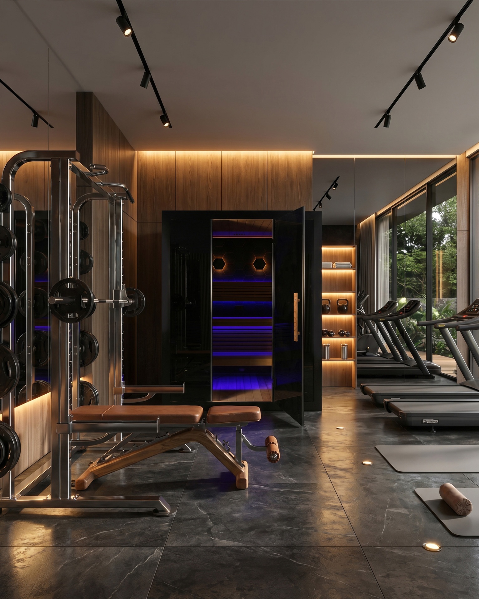 Nova sauna integrated into a private home gym with ultraviolet interior glow
