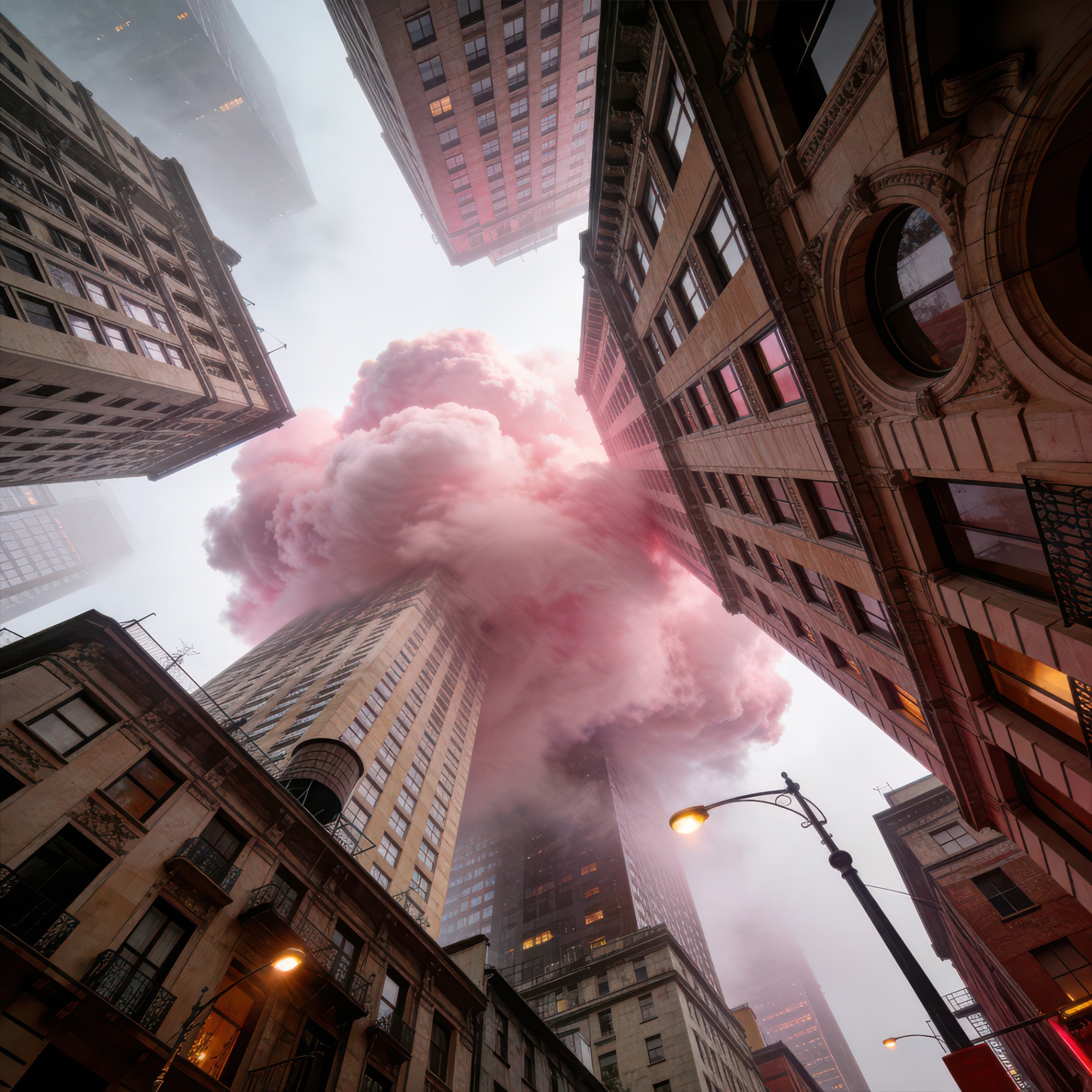 Pink cloud blooming between vintage skyscrapers — surreal editorial cover artwork