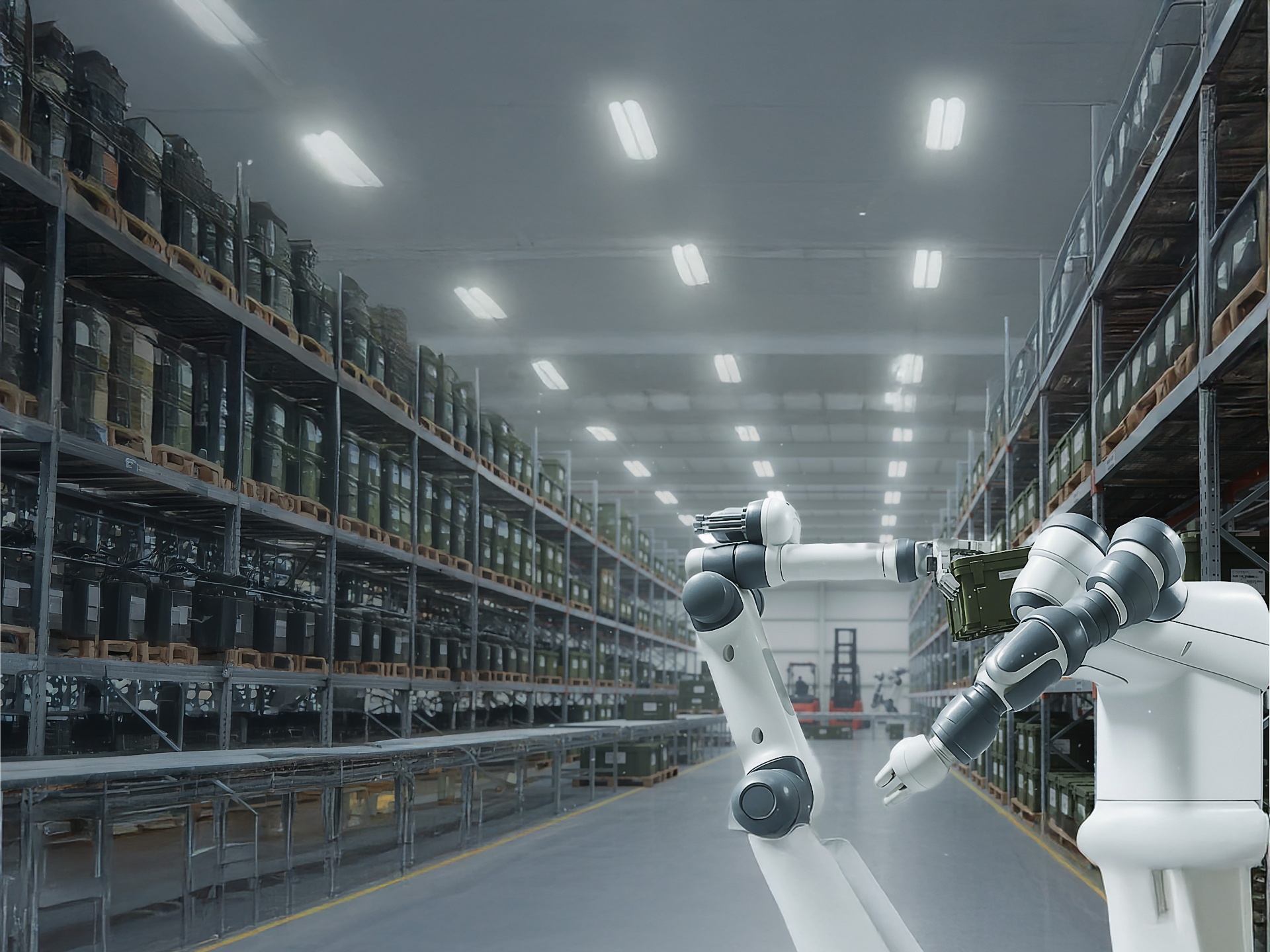 Industrial automation robotic arms in warehouse