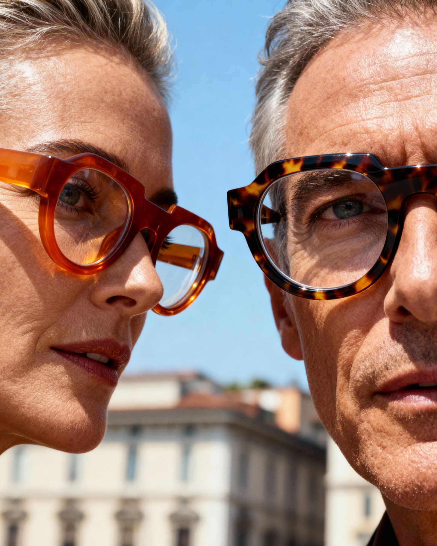 Sunlit duo portrait — round acetate frames