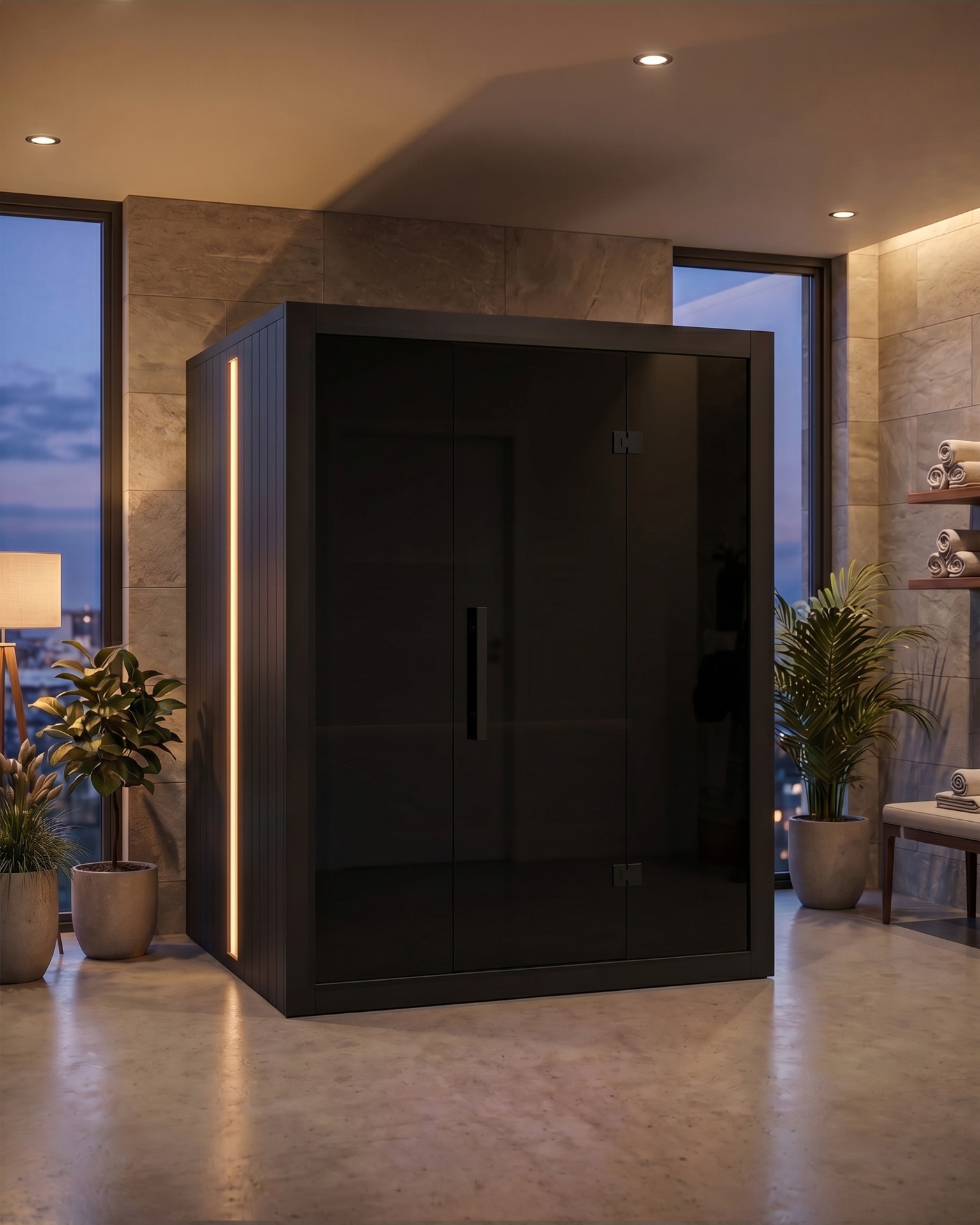 Nova sauna in a penthouse spa with city skyline at dusk