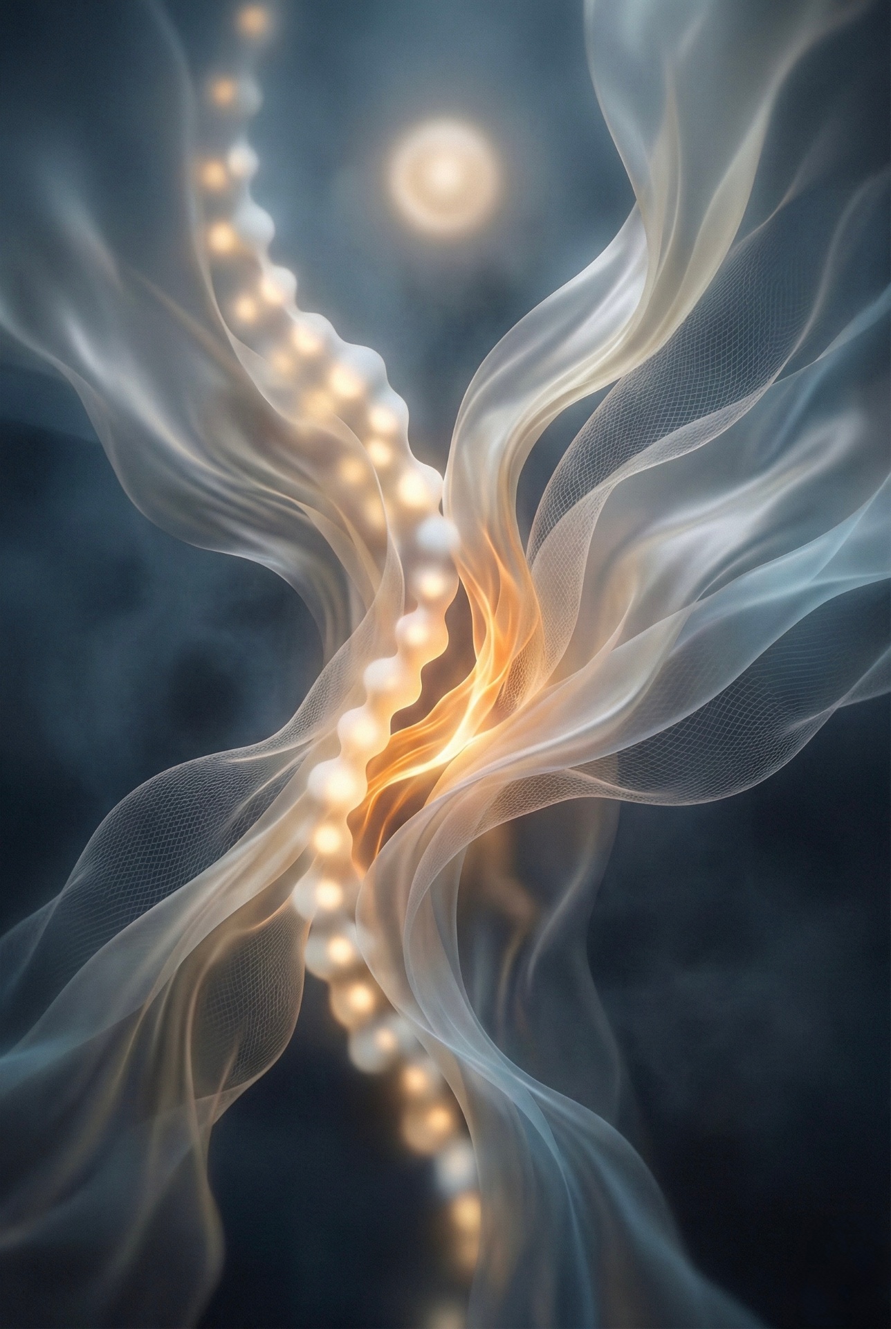 Luminous pearls and silk veils suspended in deep blue — cover artwork for an ambient release