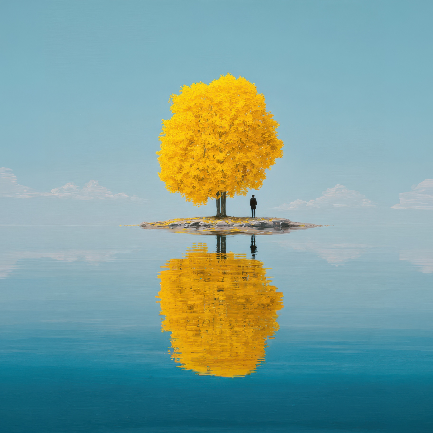 A solitary figure beside a yellow tree mirrored on still water — minimal narrative cover