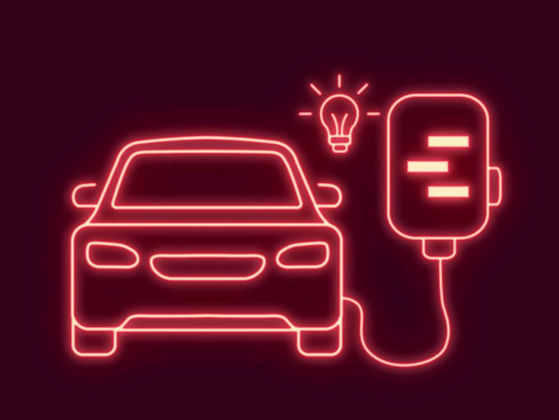 Neon electric vehicle and charging station icon with idea bulb in coral red