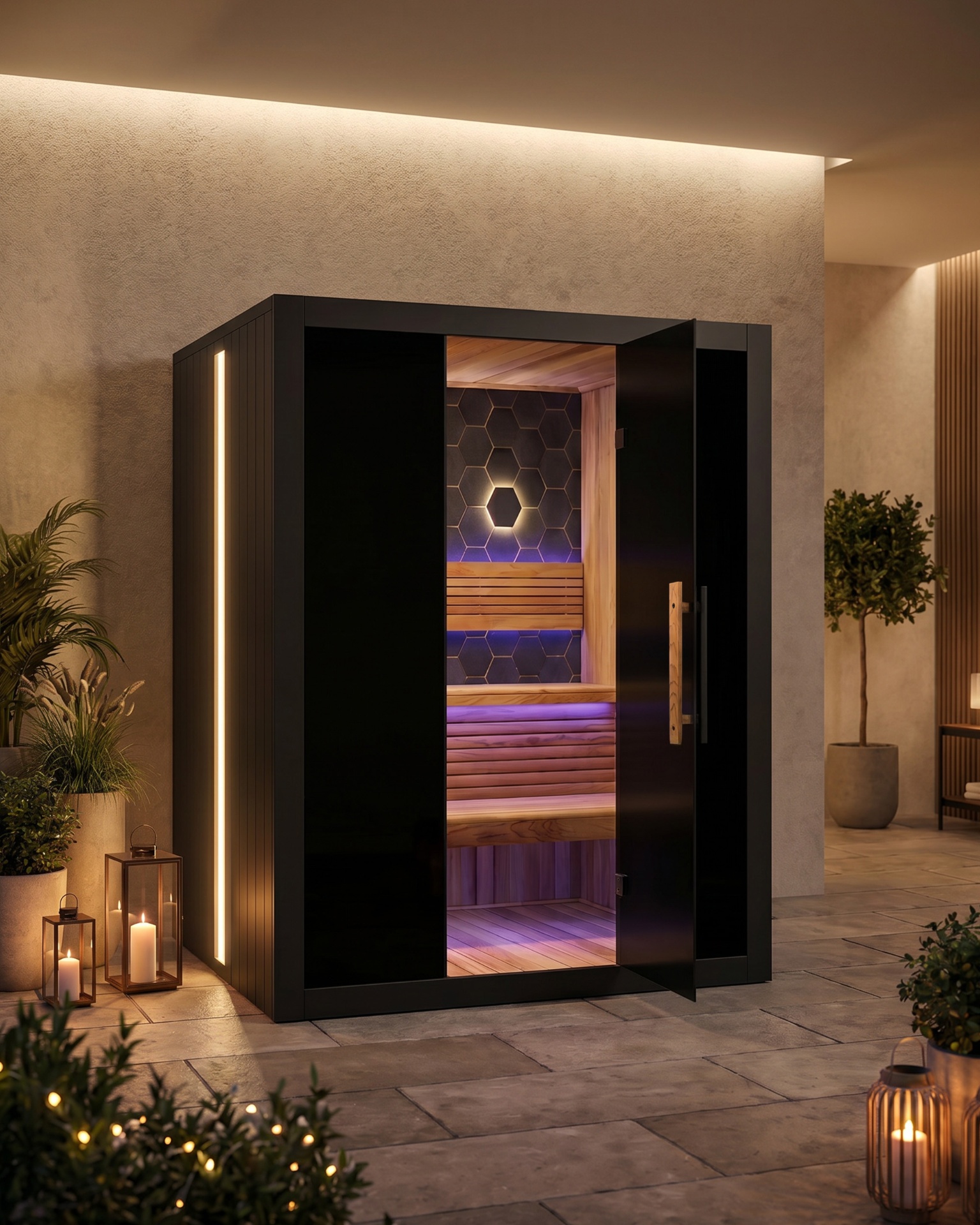 Nova sauna on a patio at night, door open revealing cedar interior and violet chromatherapy