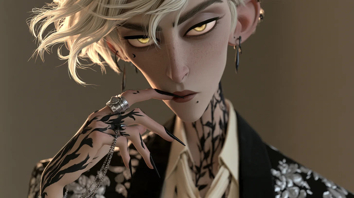 Stylised 3D portrait of a pale character with tousled platinum hair, golden eyes and black branch-like tattoos on the hand and neck, wearing rings and a floral jacket