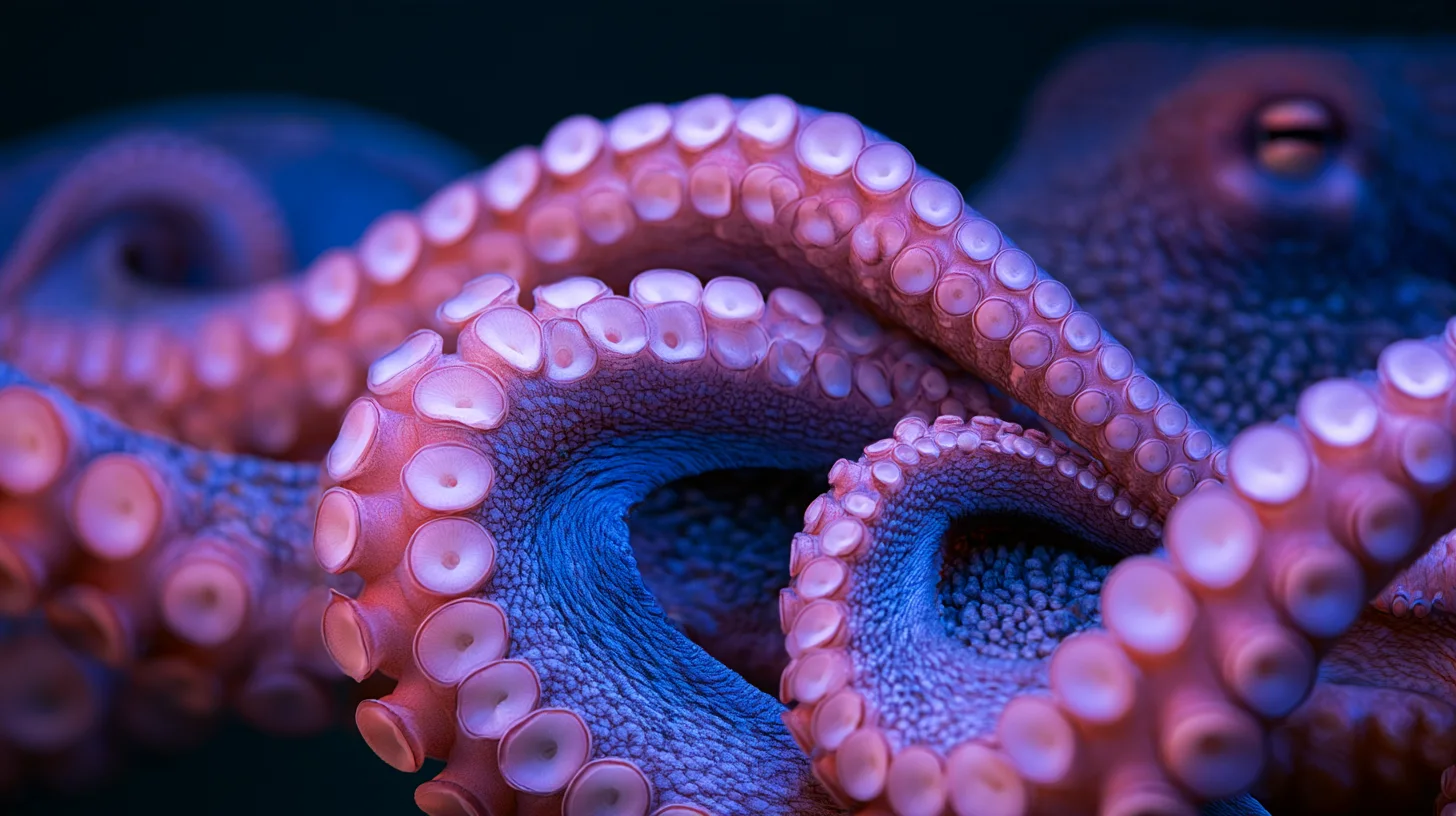 Close-up of coiled octopus tentacles with rows of pink suckers glowing against deep blue shadows