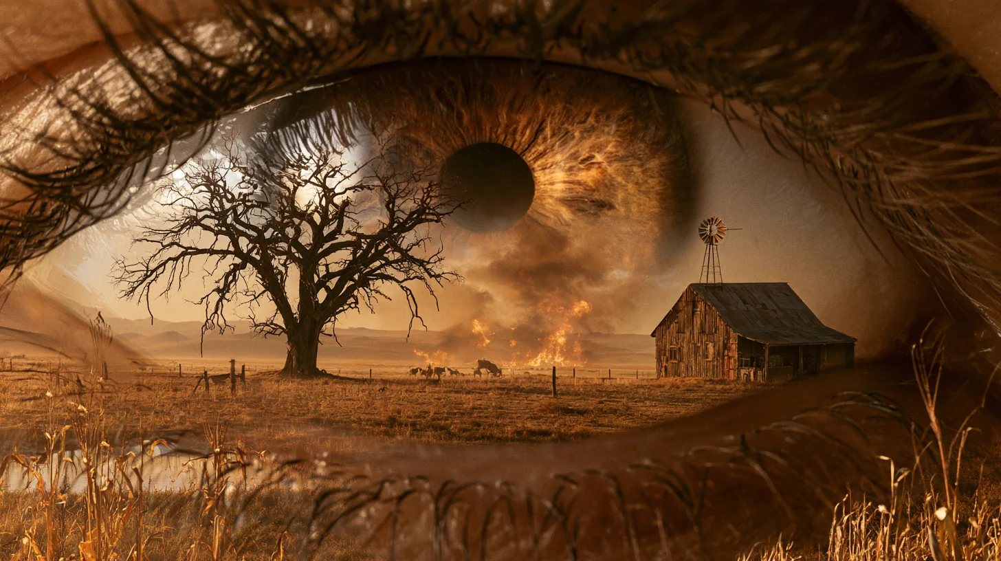 Extreme close-up of a human eye whose iris holds a dry rural landscape with a bare tree, a wooden barn, a windmill and glowing smoke