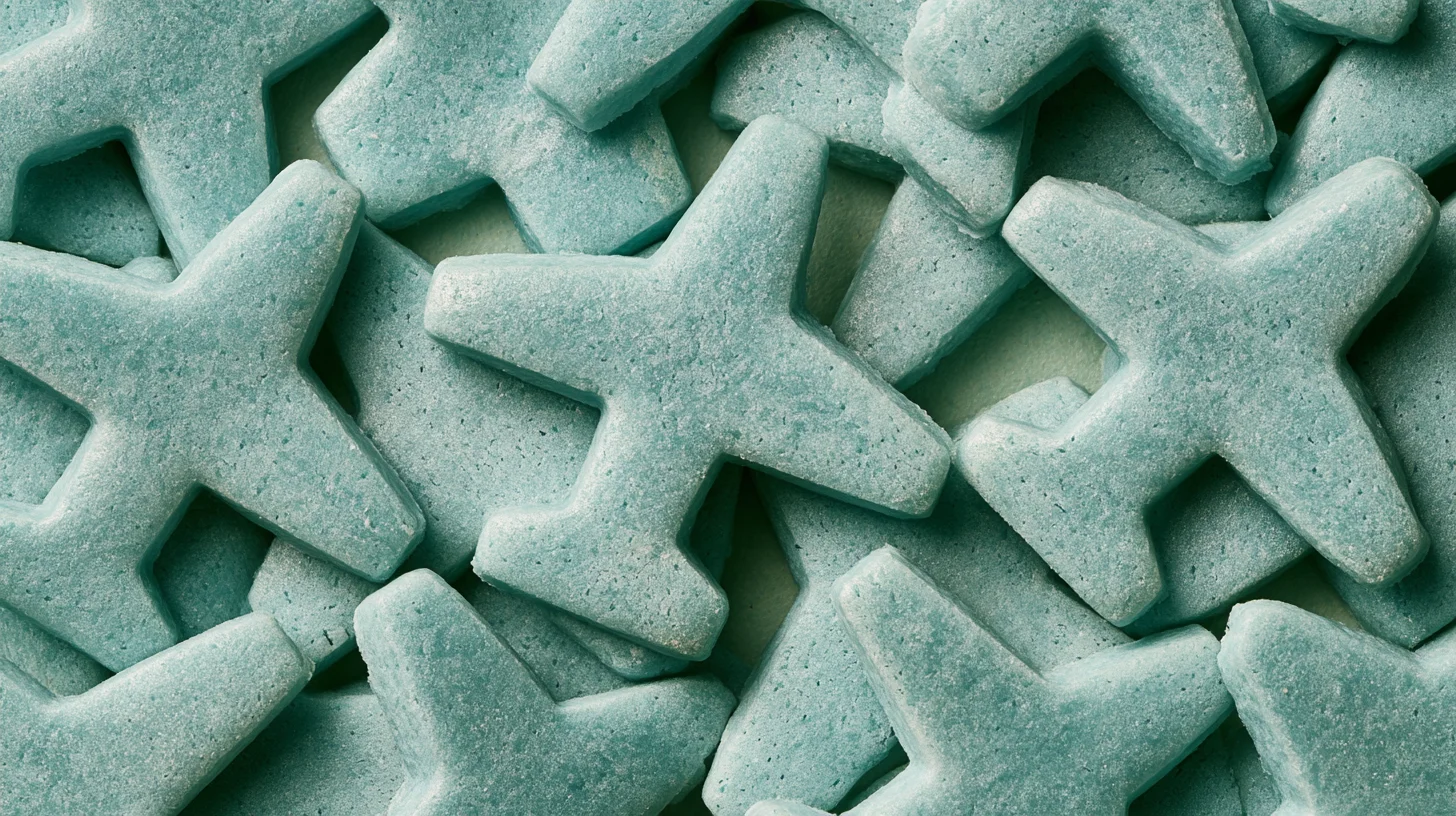 Close-up of a pile of mint-blue, sugar-coated candies shaped like small aeroplanes, with soft shadows between them
