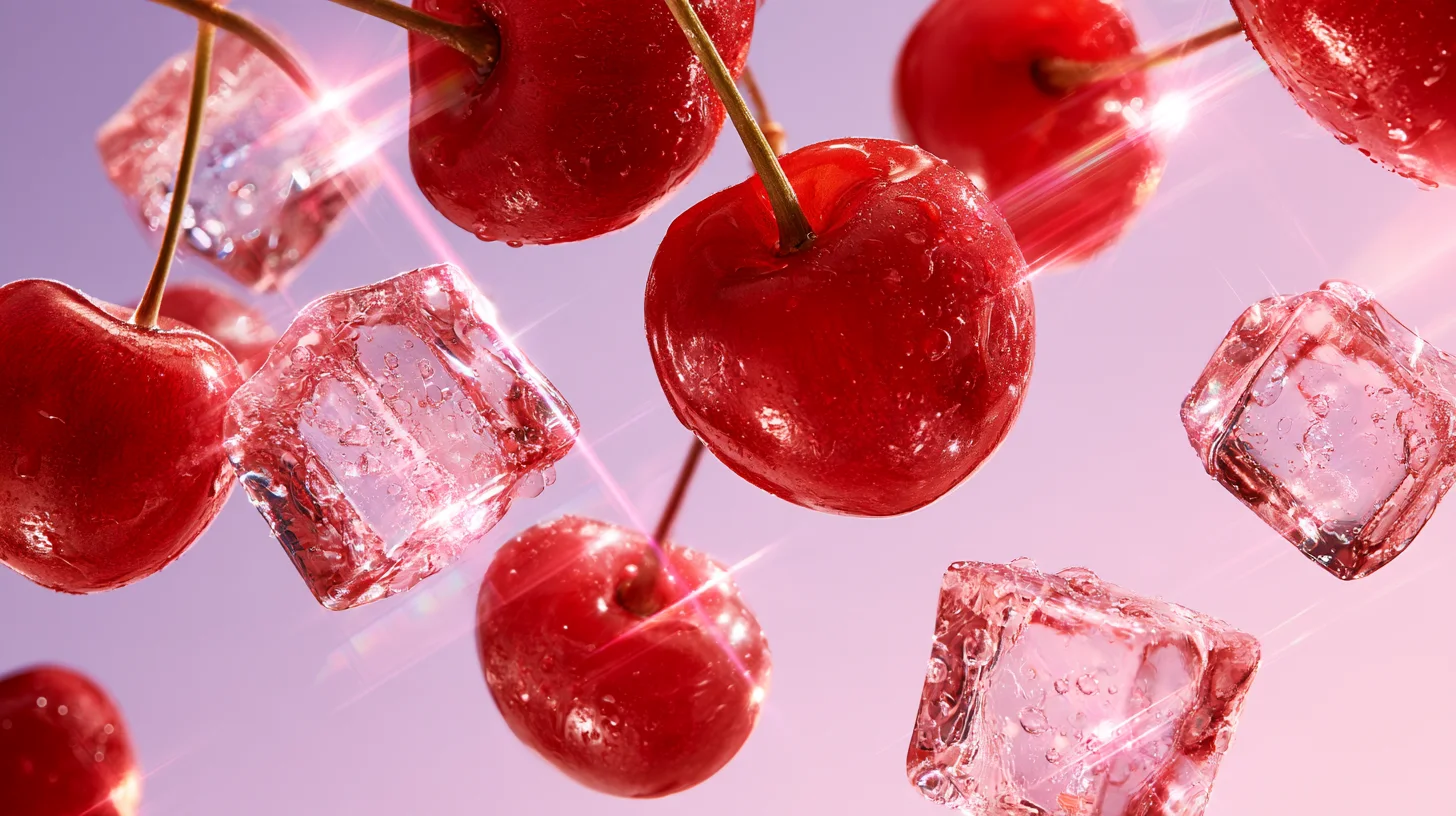 Glossy red cherries and pink ice cubes flying against a lilac background with sparkling light flares