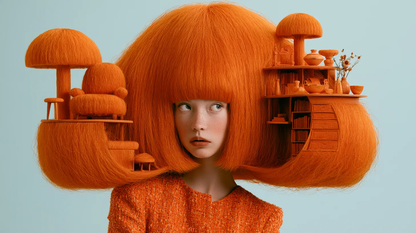 Surreal portrait of a freckled girl whose huge orange hair holds a tiny furnished room, mushrooms and bookshelves
