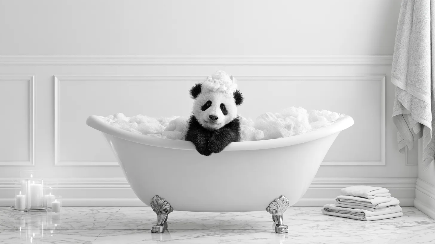 Black-and-white photo of a panda cub in a foamy clawfoot bathtub, with candles and folded towels on a marble floor