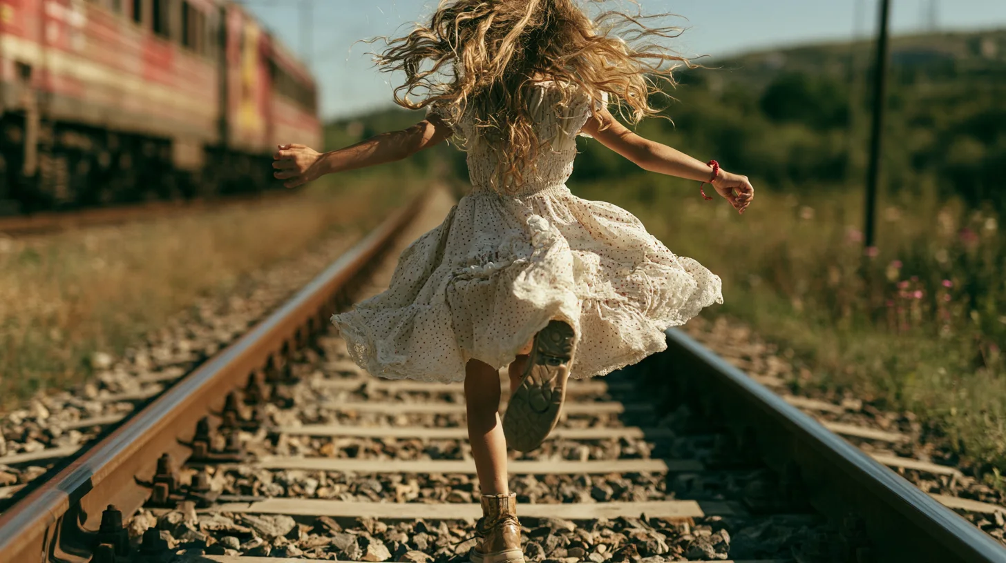 A girl in a white lace dress and boots runs along a railway track away from the camera, hair flying, a train passing on the left in warm evening light