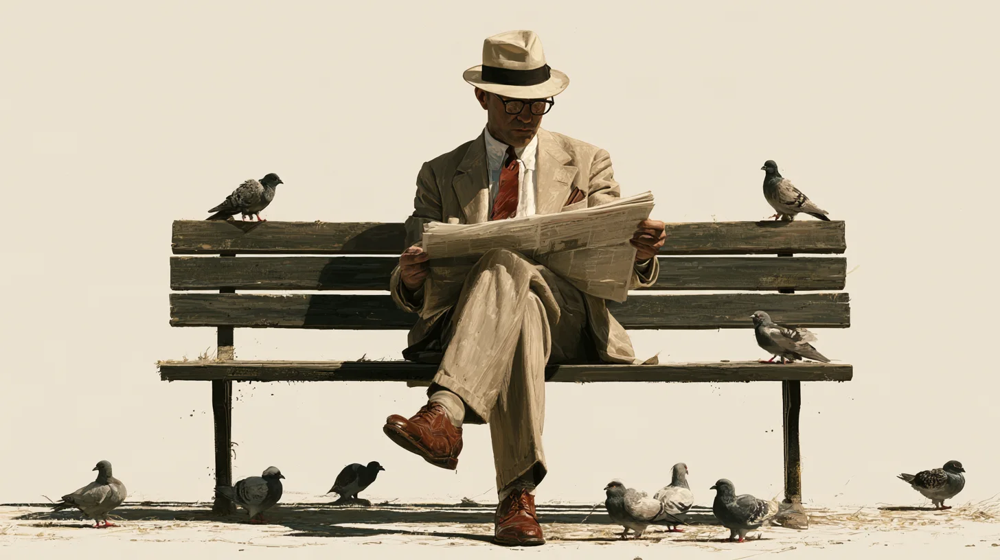 Vintage-style illustration of a man in a cream suit, straw hat and glasses reading a newspaper on a wooden park bench, surrounded by pigeons on a pale beige background