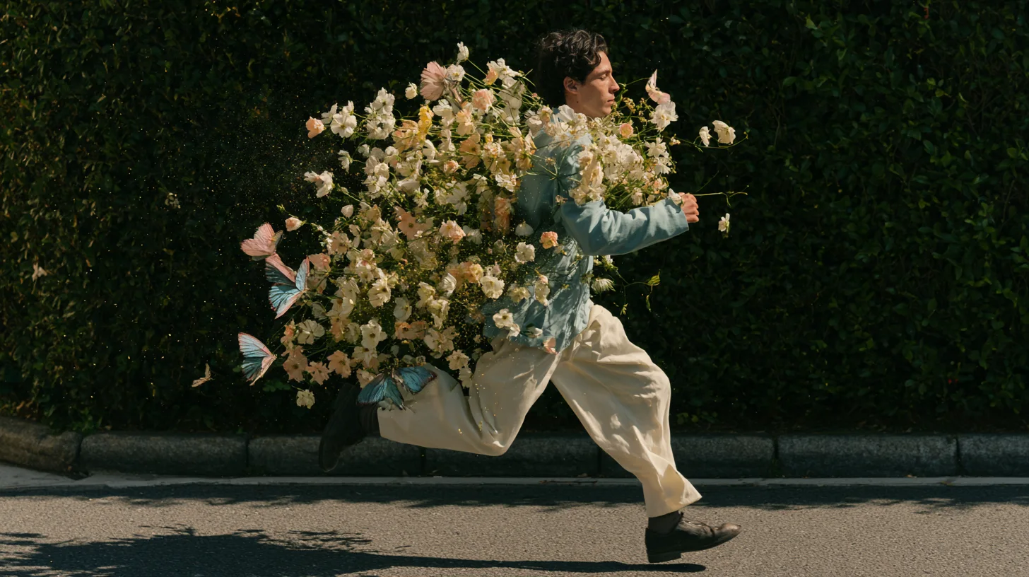 A young man in a pale blue jacket and cream trousers runs along a street carrying a huge bouquet of white and peach flowers, with paper butterflies trailing behind, in front of a dark green hedge
