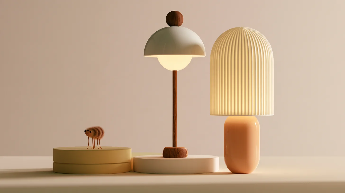 Product still life of three table lamps on round pastel plinths — a white dome lamp on a wooden stem and a ribbed lamp on a peach base — with a small felt toy beside them on a soft beige background