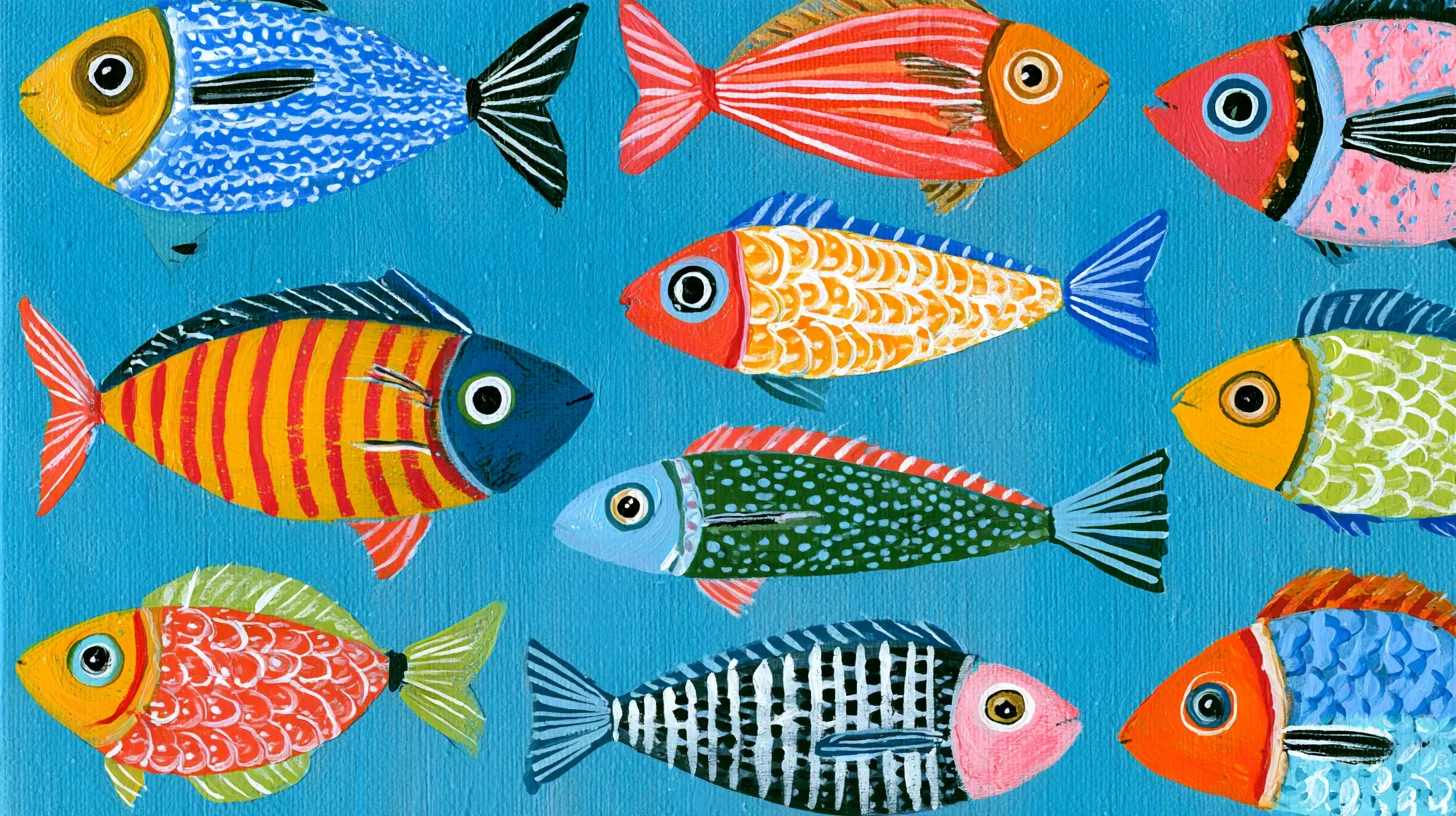 Folk-art painting of rows of colourful fish with stripes, dots and scale patterns in red, orange, green and pink on a bright blue background