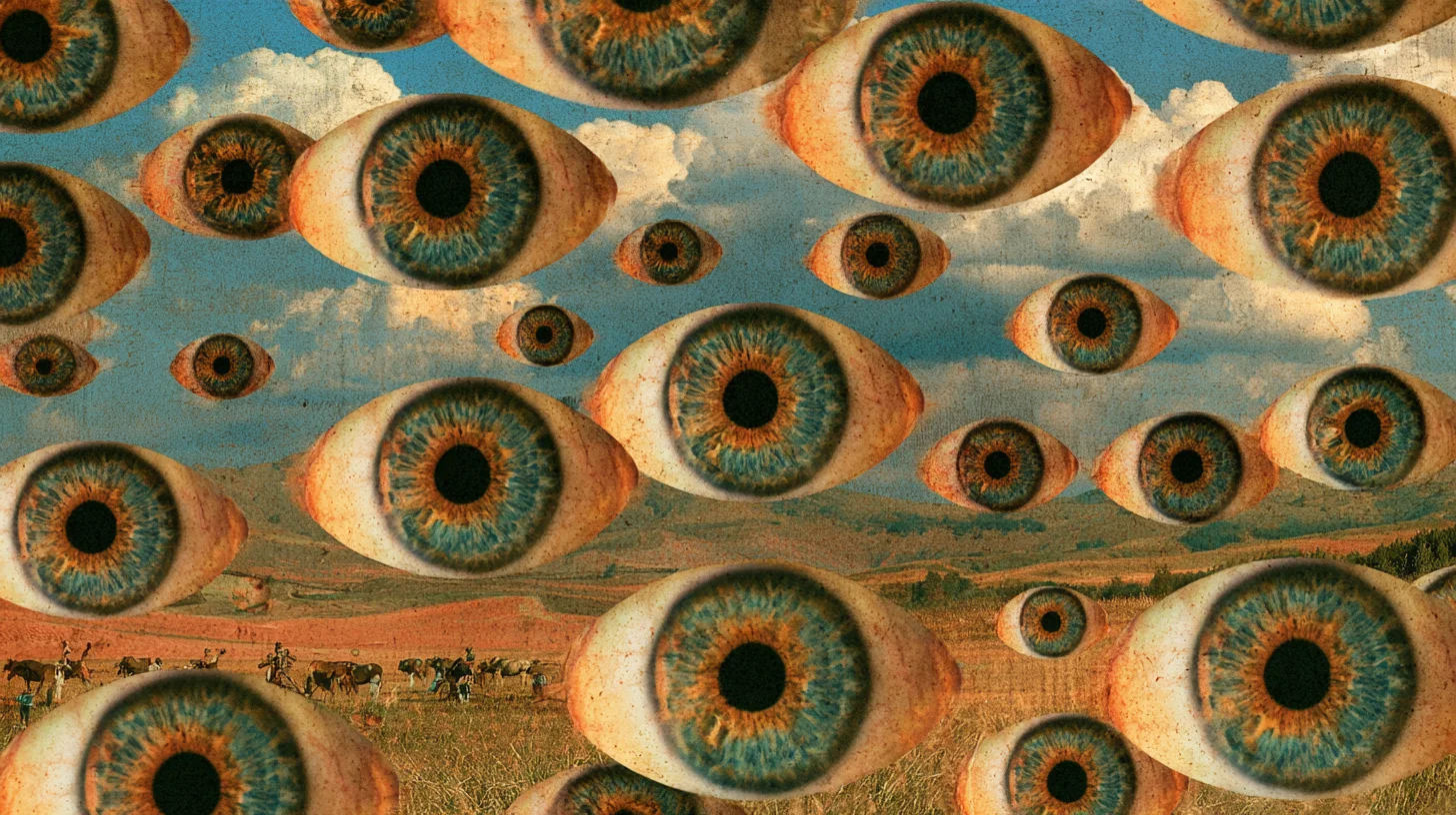 Surreal collage of dozens of giant blue-and-amber eyes floating in a cloudy sky above a wide dry valley, with a small herd of horses and riders on the plain below, in faded vintage colours