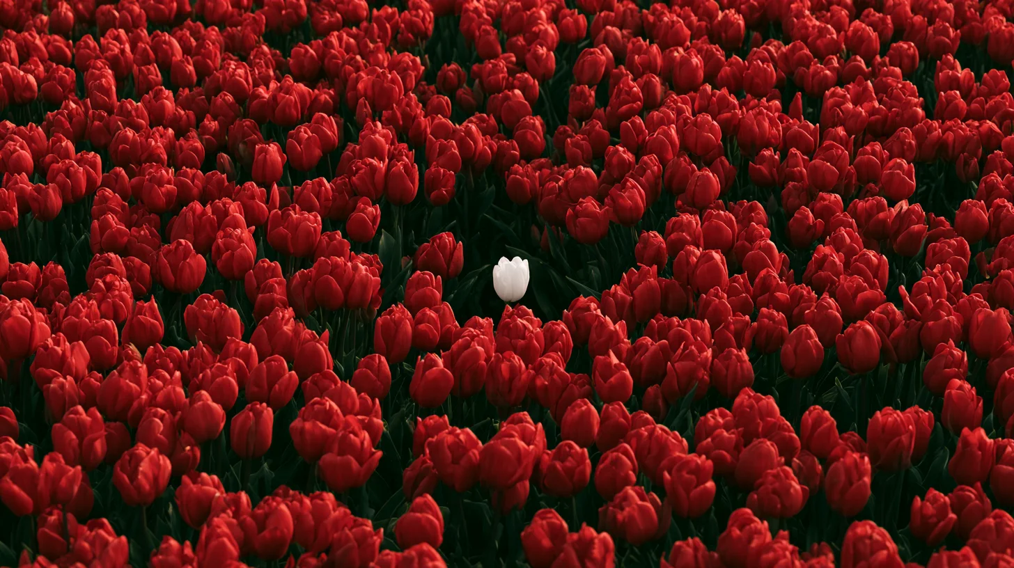 Aerial view of a dense field of red tulips with a single white tulip standing out near the centre