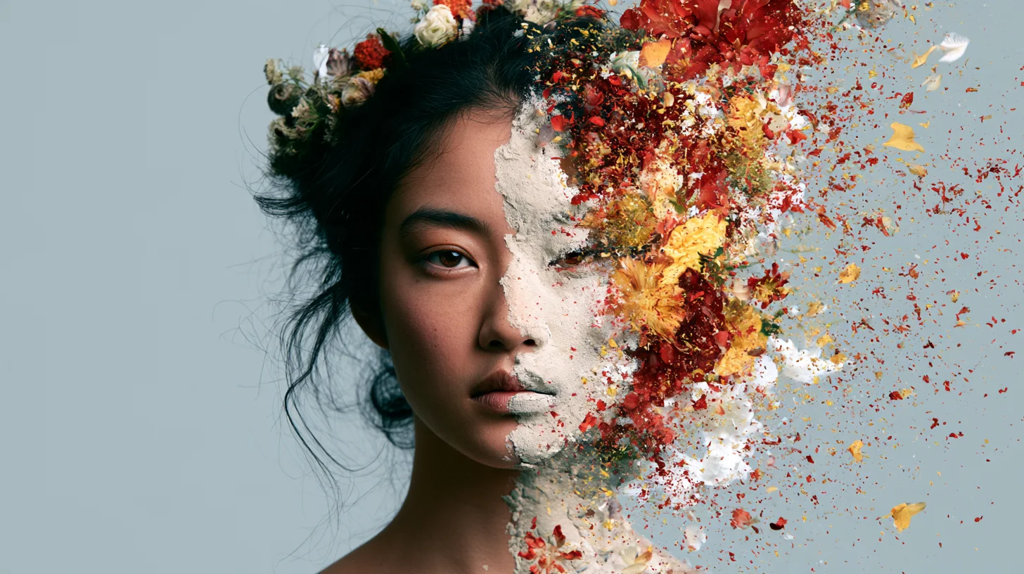 Portrait of a young woman whose face turns into white plaster and bursts into red, yellow and white flower petals